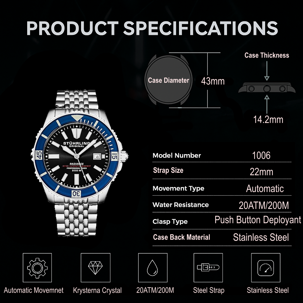 שעון שוויצרי אוטומטי Super Luminova Radiance 1006 43 מ"מ