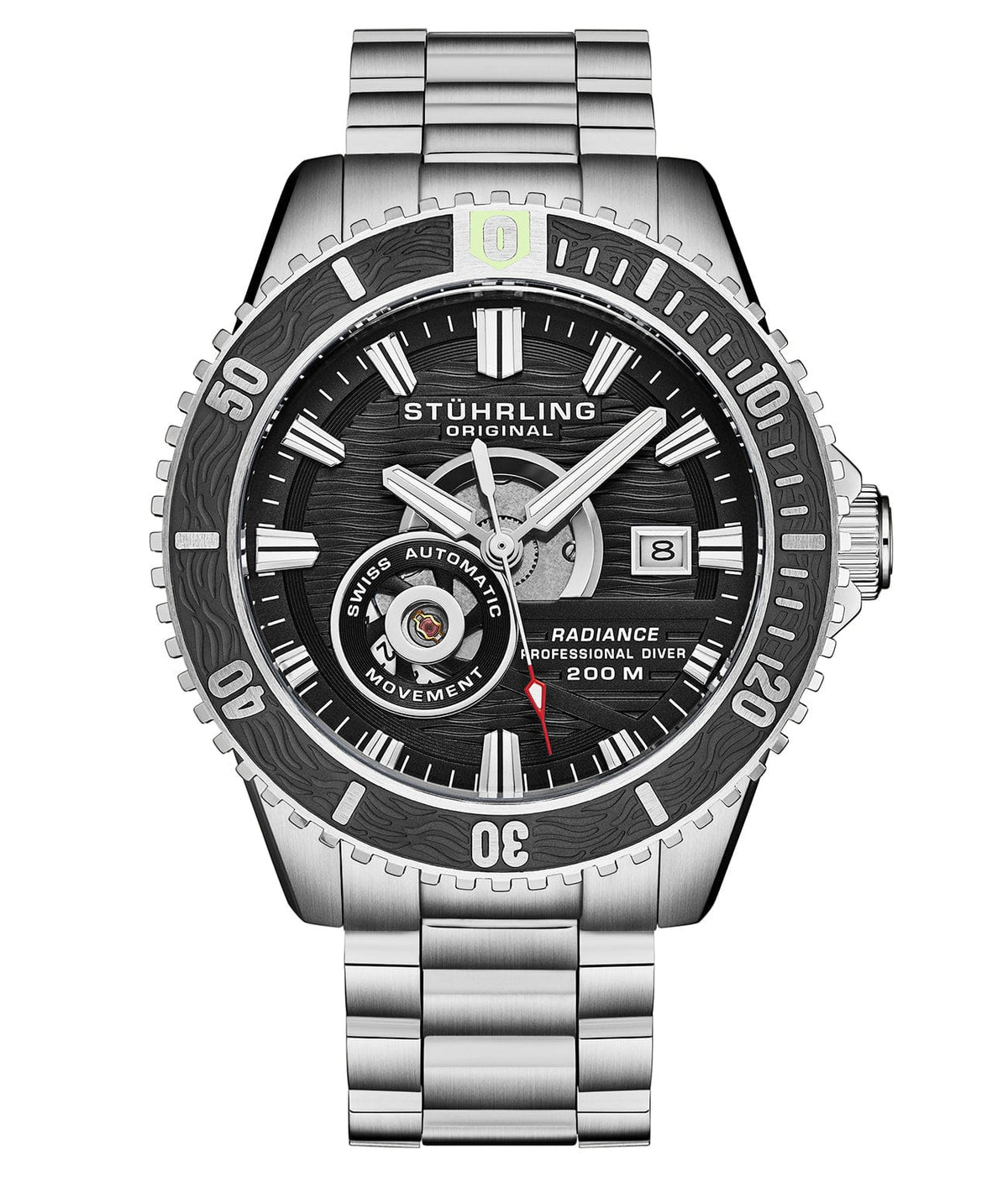 A Stührling Radiance Automatic 44mm Skeleton watch with a black dial, silver stainless steel band, and intricate mechanical detailing.