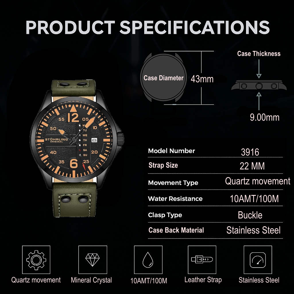 Stührling Aeronaut 3916 Quartz 43mm Aviator