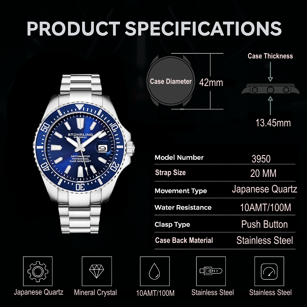 Stührling Depthmaster 3950A Quartz 42mm Diver