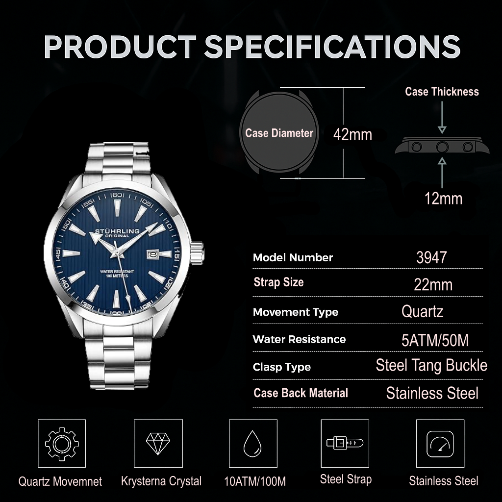 Stührling Forte 3953 Quartz 42mm Classic Watch
