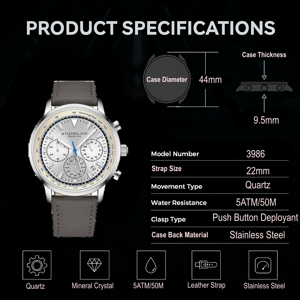 Stührling Monaco Chronograph with Tachymeter Quartz 3986L 44mm Watch
