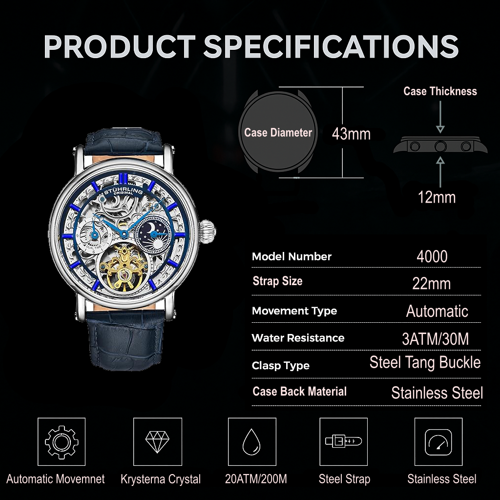 Stührling Macrocosm 4000 Automatic 43mm Skeleton with Dual Time