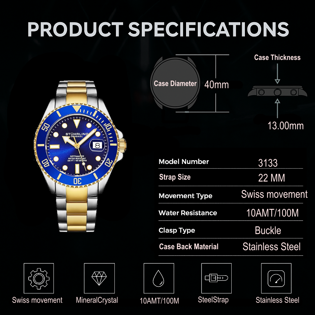 Stührling Depthmaster 4055 Swiss Quartz 40mm Dive Watch