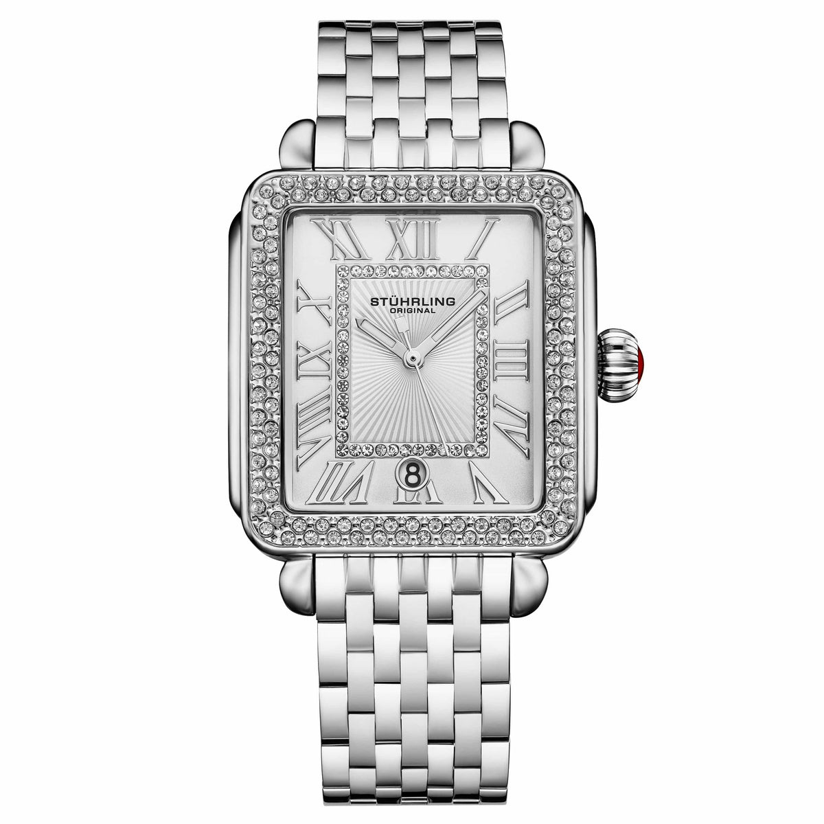 Stuhrling Original women’s luxury watch with a rectangular silver dial, Roman numerals, crystal-studded bezel, and silver stainless steel bracelet