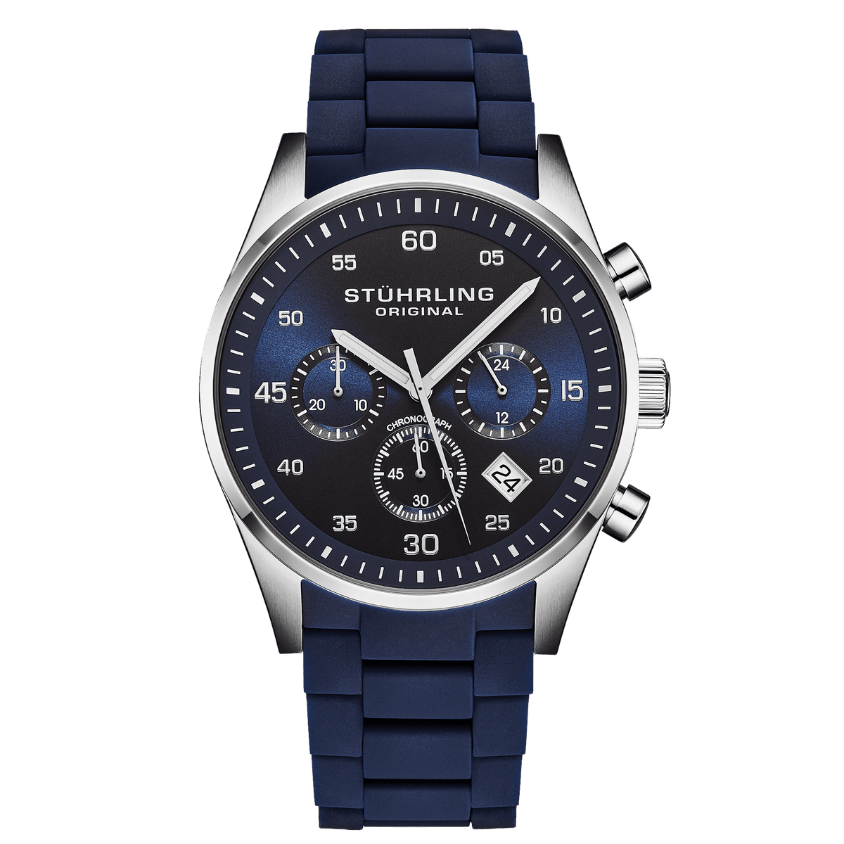 Stuhrling watch with blue strap and face on a green background