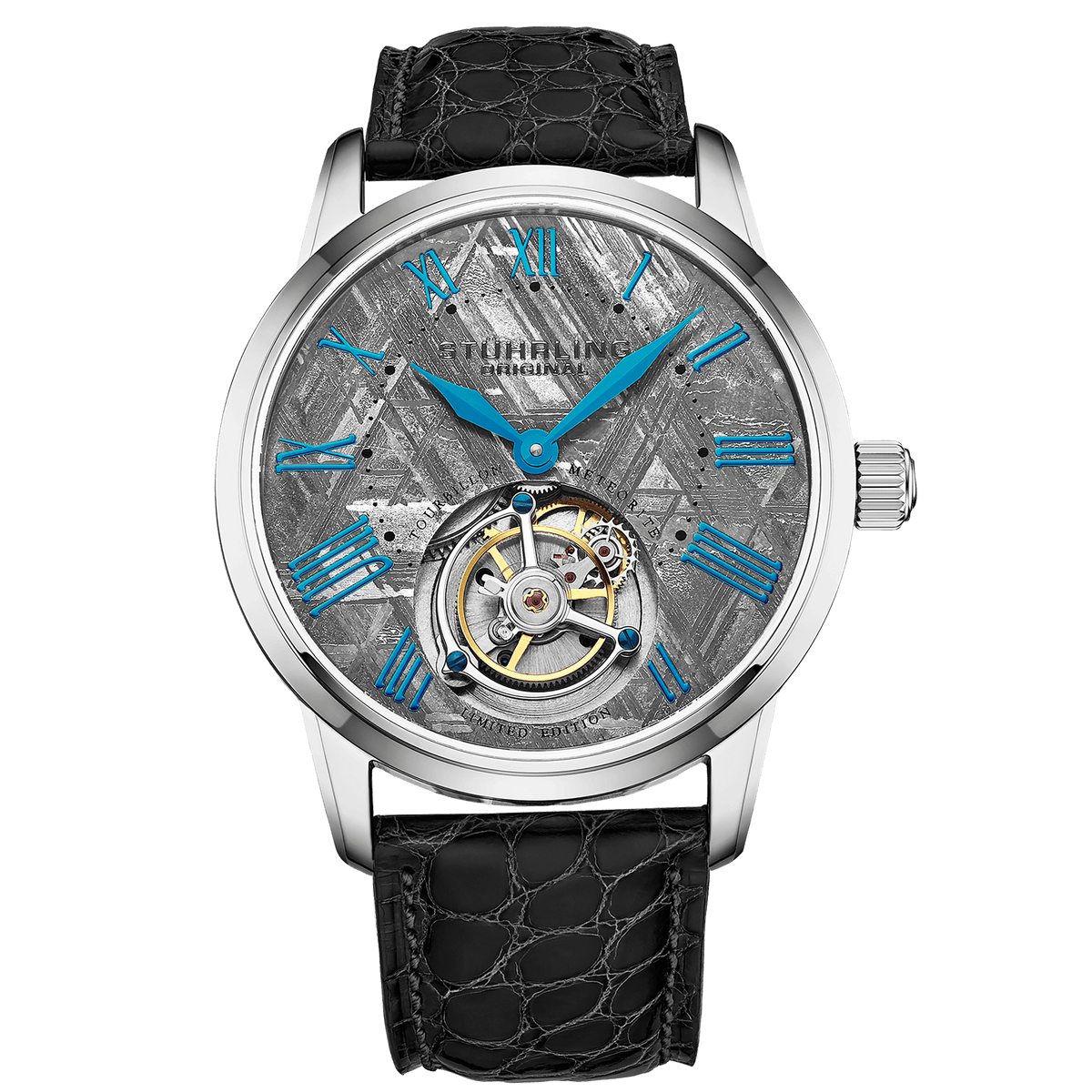 Luxury watch with black leather strap and visible mechanical components on a white background