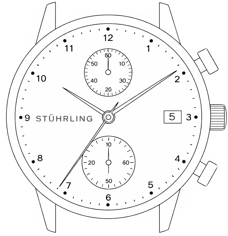 Black and white illustration of a Stuhrling watch face with detailed components.