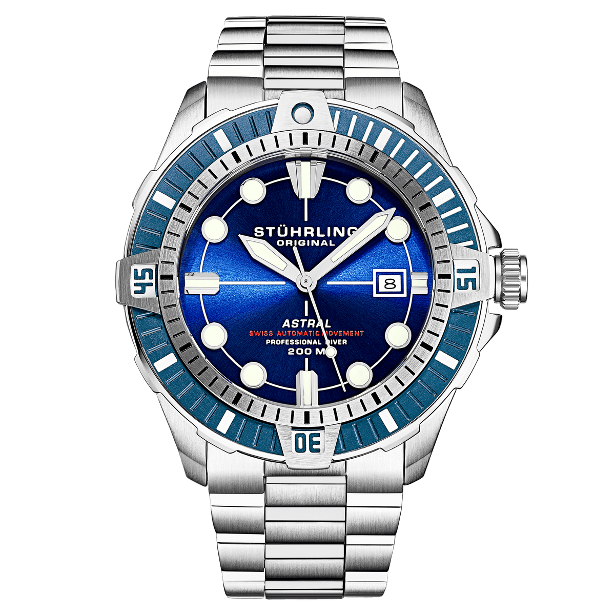 Stuhrling watch with blue face and silver metal strap on green background
