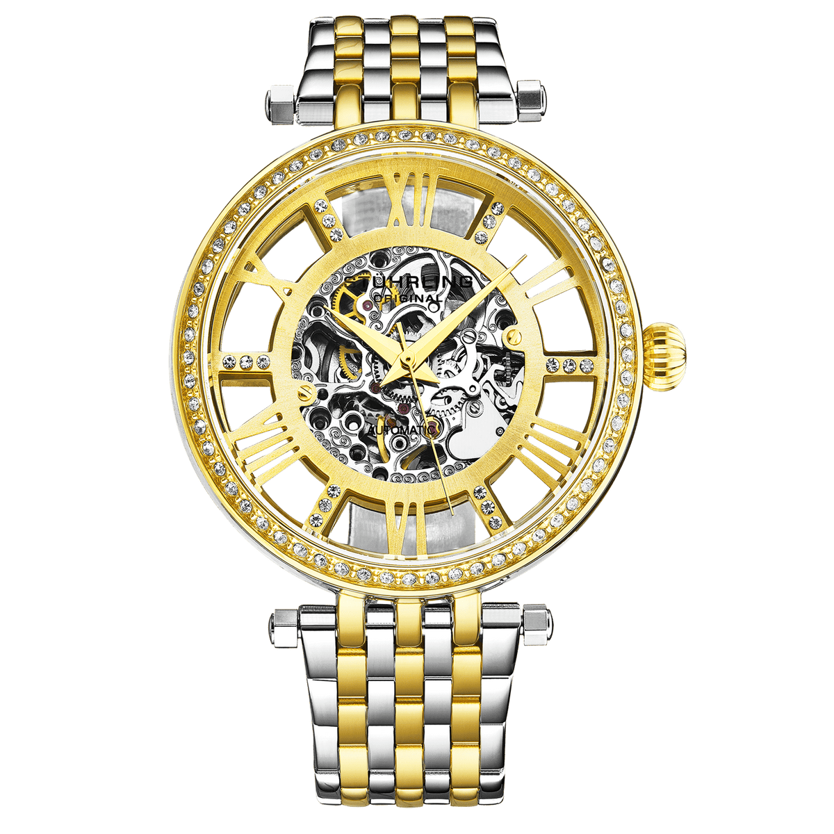 Gold and silver watch with intricate design on a green background