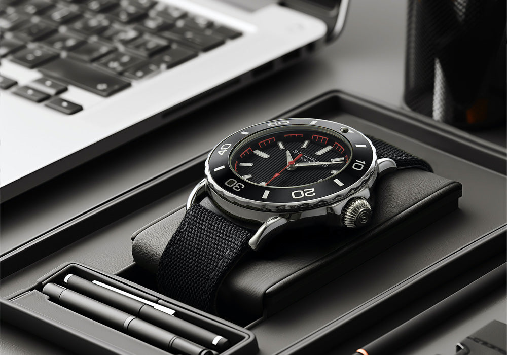 Black watch on a desk with a laptop and pen in the background