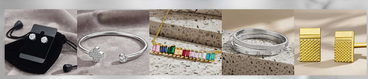 Collage of various jewelry items including earrings, bracelets, and necklaces on a neutral background.