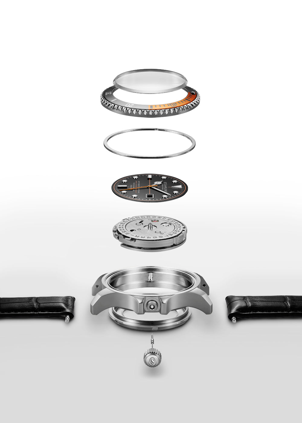 Watch components including case, bezel, and strap on a white background