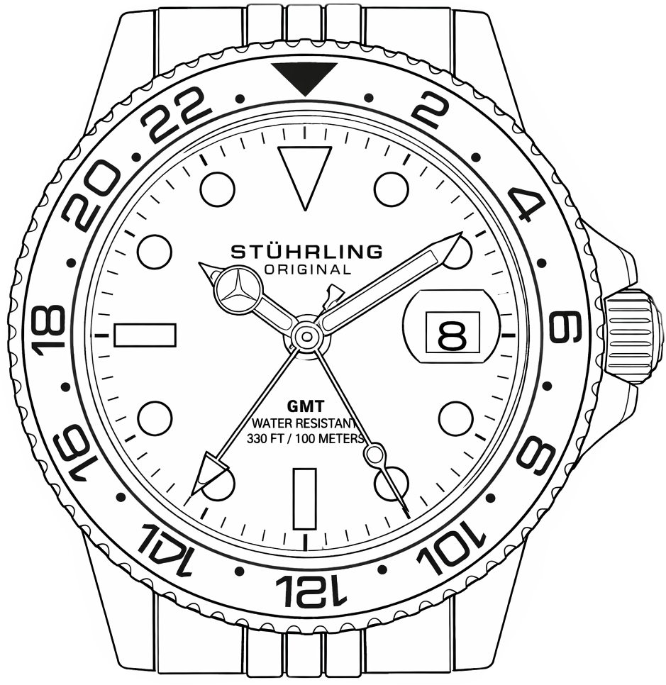 Line drawing of a Stuhrling watch face with detailed design elements.