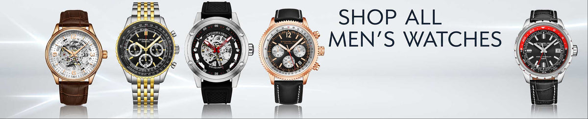 Row of men's watches with a 'Shop All Men's Watches' text on a white background