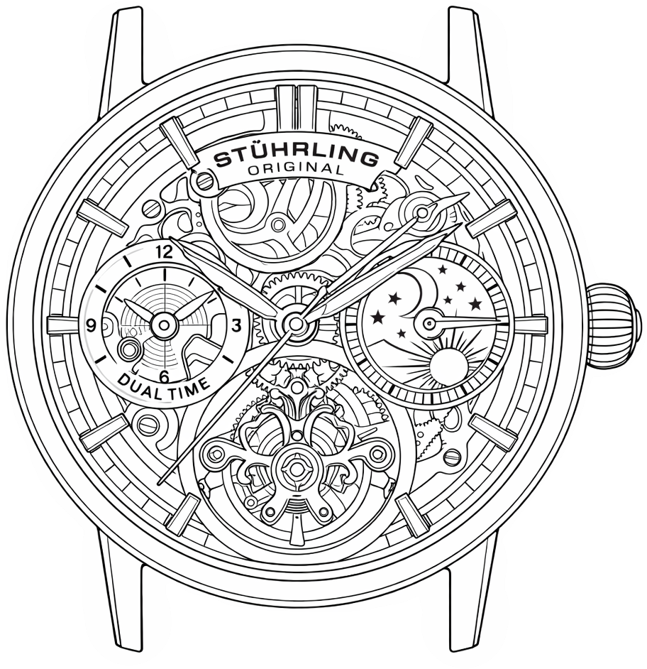 Line drawing of a Stuhrling watch face with detailed mechanical components.