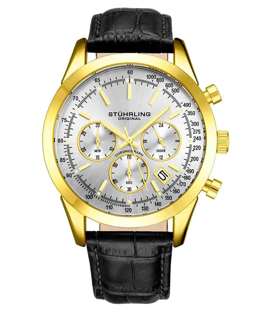 A Stühling watch with a gold-tone case and black alligator embossed leather strap, featuring a polished bezel and multiple dials.